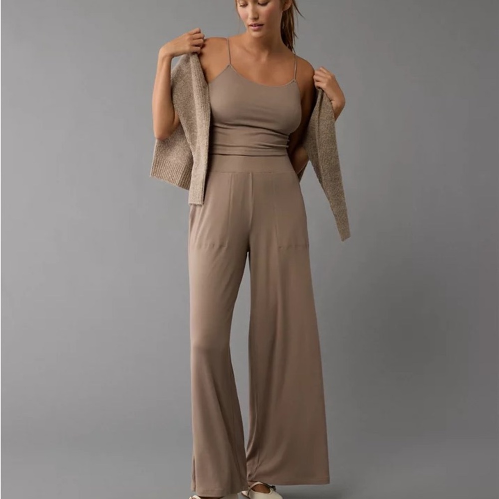 American Eagle Outfitters Taupe Wide-Leg Jumpsuit